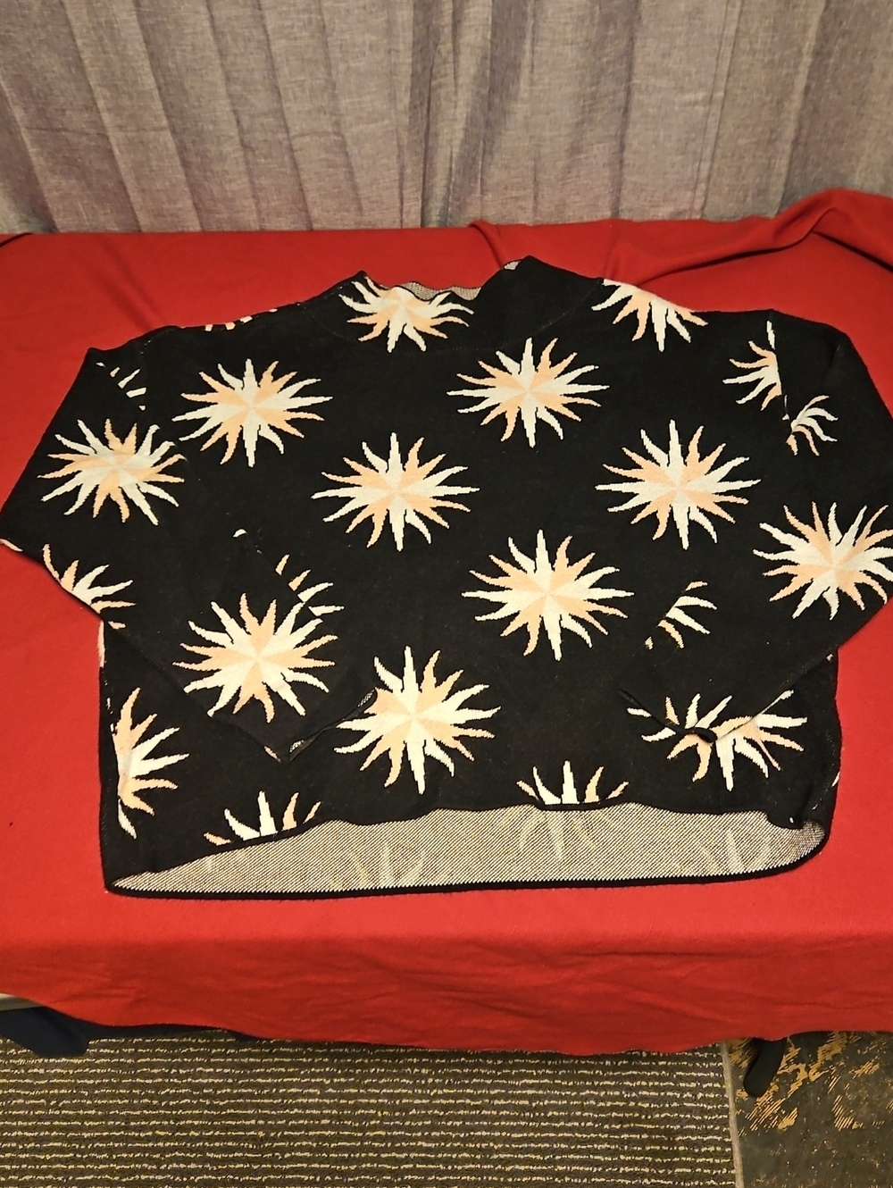 Anthropologie Black Sweater with Cream Starburst Pattern Oversized SM
